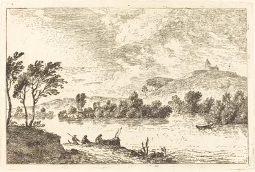 Paesaggio Fluviale con Figure e Barca al Bordo dell