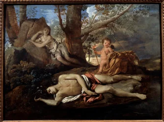 Eco e Narciso illustrazione per la leggenda che ha ispirato Ovidio in “Le Metamorfosi” Dipinto di Nicolas Poussin (1594-1665) 17° secolo Parigi
