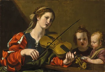 Una donna che suona il violino con due bambini che cantano