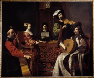 Musica barocca: «Il concerto». Musicisti che suonano strumenti a corda. Dipinto di Nicolas Tournier (1590-1657), XVII secolo, Sun. 1,88 x 2,26 m