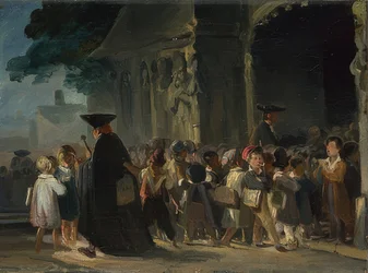 Bambini davanti a un ingresso della chiesa