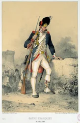 Membro della guardia francese (14 luglio 1789). Incisione di Nicolas Toussaint Charlet (1792-1845)