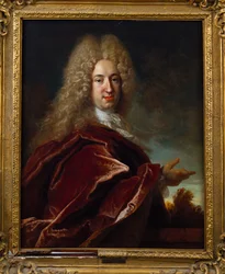 Ritratto di un Gentiluomo, con Parrucca Lunga, Jabot di Pizzo e Mantello Borgogna