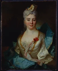 Ritratto di una signora, con un vestito bianco e un mantello blu