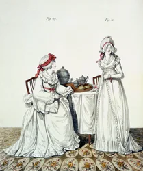 Due signore a colazione nella loro stanza da letto, con cuffie da notte e peignoir, da 