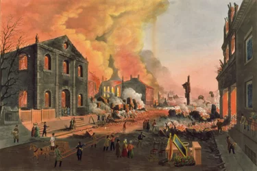 Veduta delle rovine dopo il grande incendio di New York, 16-17 dicembre 1835, inciso da W.I. Bennett, pub. da L.P. Glover, New York, 1835