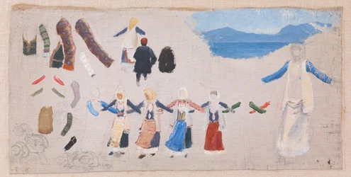 Donne danzanti, dettagli di costumi e un paesaggio