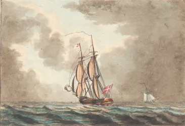 Una brigantina danese che naviga con una vela di strallo