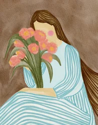Donna timida e tulipani rosa