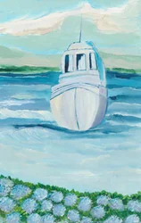 Barca bianca, ortensie blu