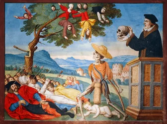 La morte entra in azione con la sua falce e gli uomini cadono come foglie morte, sermone di Memento Mori dal ciclo della Danza della Morte di Albrecht Kauw