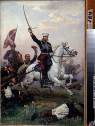 Guerra russo-turca (1877-1878): il Generale Mikhail F. Skobelev a cavallo durante la battaglia del passo di Shipka nel 1877