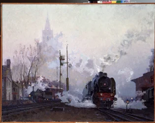 Sulla strada. Le locomotive a vapore sommergono il paesaggio urbano nel fumo dei loro camini. Dipinto di Nikolai Dmitryevich Kuznetsov, olio su tela