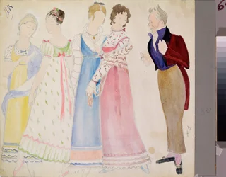 Bozzetti di costumi, un uomo e quattro giovani donne, per l