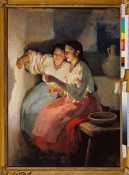 Divinazione alla vigilia di Natale (Due giovani ragazze proiettano ombre su una parete alla luce di una candela) - Nikolaj Kornilovič Pimonenko (1862-1912)