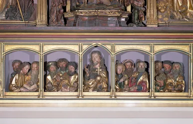 Intagli in legno di Cristo e dei Dodici Apostoli, dalla predella del retablo dell