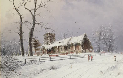 Scena invernale con figure su un sentiero vicino a una chiesa