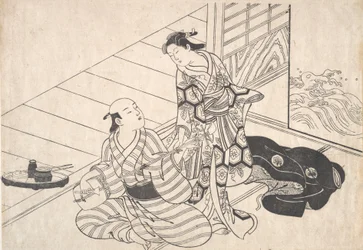 Donna che interrompe il suo amante, che sta suonando lo shamisen