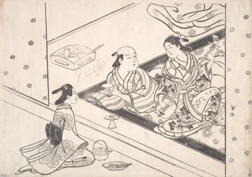 Donna che suona lo shamisen, con il suo amante e un assistente nelle vicinanze