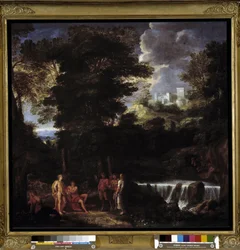 Marsia suona il flauto davanti ad Apollo e Mida. Il satiro sfida il dio Apollo, re della lira, davanti al re Mida e alle Muse