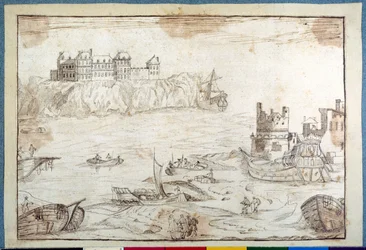 Un castello su scogliere, con studi di galeoni e barche da pesca