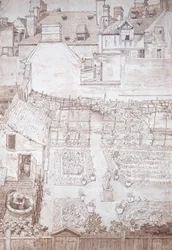 Un giardino di una casa di città, con aiuole e pergolato di viti, chiuso da edifici, c.1677