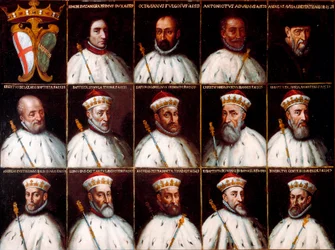 Stemma della Repubblica di Genova e ritratti dei Dogi - Simone Boccanegra, Ottaviano Fregoso e Antoniotto II Adorno; Andrea Doria. Oberto Cattaneo Lazzari, Battista Spinola, Battista Lomellini, Cristoforo Grilaldi Rosso, Giovanni Battista Doria