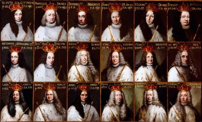 Stemma della Repubblica di Genova e ritratti dei dogi. Giovanni Battista Cattaneo, Francesco Invrea, Negrone Bendinelli, Francesco Maria Sauli, Girolamo De Mari, Federico De Franchi, Antonio Cebà Grimaldi, Onorato Stefano Ferreti, Domenico De Ma