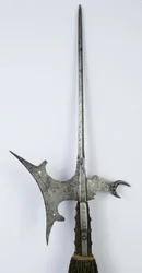 Alabarda con becco a forma di artiglio (ferro inciso e punzonato con legno restaurato, tessuto e ottone)