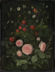 Natura morta con rose e fragole