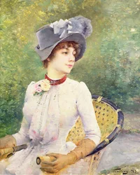 Signora con cappello di feltro grigio