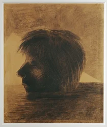 Testa di Orfeo alla deriva sulle acque o Il mistico (carboncino su carta)