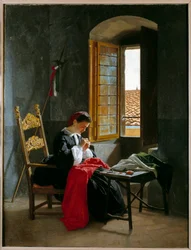 Risorgimento: «Donna che cuce una bandiera italiana il 26/04/1859», dipinto di Odoardo Borrani (1834-1905), 1859, collezione privata milanese