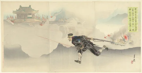 Onoguchi, sfidando la morte, per far saltare in aria il cancello del forte nemico
