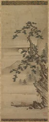 Paesaggio al chiaro di luna con pino e vecchio in barca, periodo Muromachi, 1392-1573