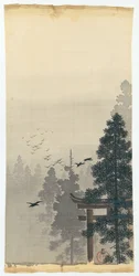 Paesaggio con stormo di uccelli e torii