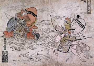 Battaglia tra due samurai nemici durante la Battaglia di Ichi-no-Tani. Dipinto su carta di Okumura Masanobu, circa 1720