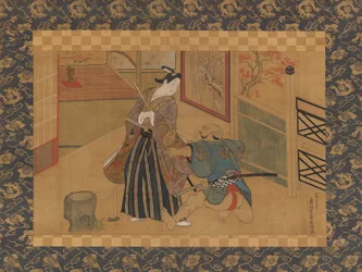 Spettacolo Kabuki Kusazuribiki dai Racconti di Soga Soga monogatari, XVIII secolo