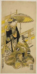 Gli attori Ichikawa Monnosuke I come Kusunoki Masatsura e Arashi Wakano come Oyuki nella commedia "Honen Taiheiki," rappresentata al Teatro Nakamura nell