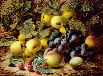 Natura morta con mele, prugne, uva e lamponi