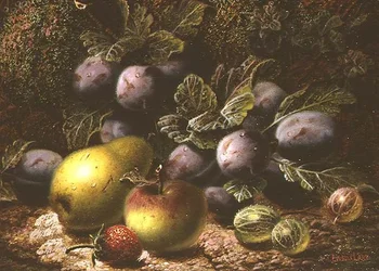 Natura morta con prugne, uva spina, mela, pera e fragola