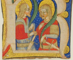 Foglio di manoscritto che mostra una iniziale illuminata R con San Protaso e San Gervasio, metà XV secolo