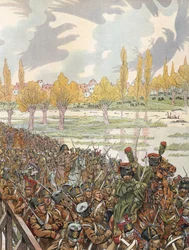 Napoleone che attraversa il ponte di Elster con il suo esercito, con un cielo minaccioso