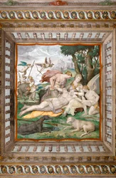 Morte di Adone dal soffitto della Sala di Adone, Rocca dei Rossi, San Secondo, Parma, Italia (dettaglio)
