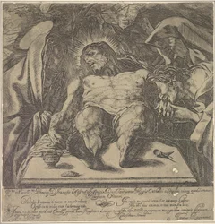 Compianto sul corpo di Cristo dalle tre Marie, un vaso di unguento sul tavolo a..., 1615