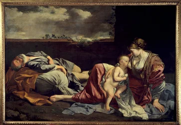Il riposo della Sacra Famiglia durante la fuga in Egitto, dipinto di Orazio Gentileschi (1562-1647), XVII secolo, sole. 1,57 x 2,25 m. Parigi, Museo del Louvre
