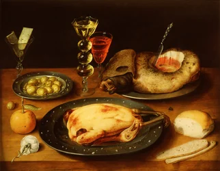 Pollo Arrosto, Prosciutto e Olive su un Piatto di Peltro