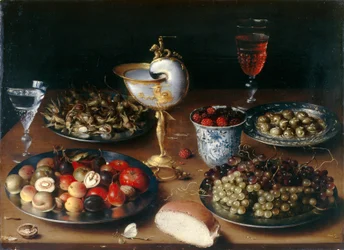 Natura morta con coppa di Nautilus, frutta, noci e vino, c.1610