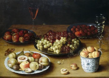 Natura morta con frutta e bicchieri
