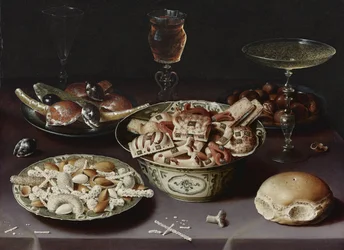 Natura morta con dolci, castagne e un panino